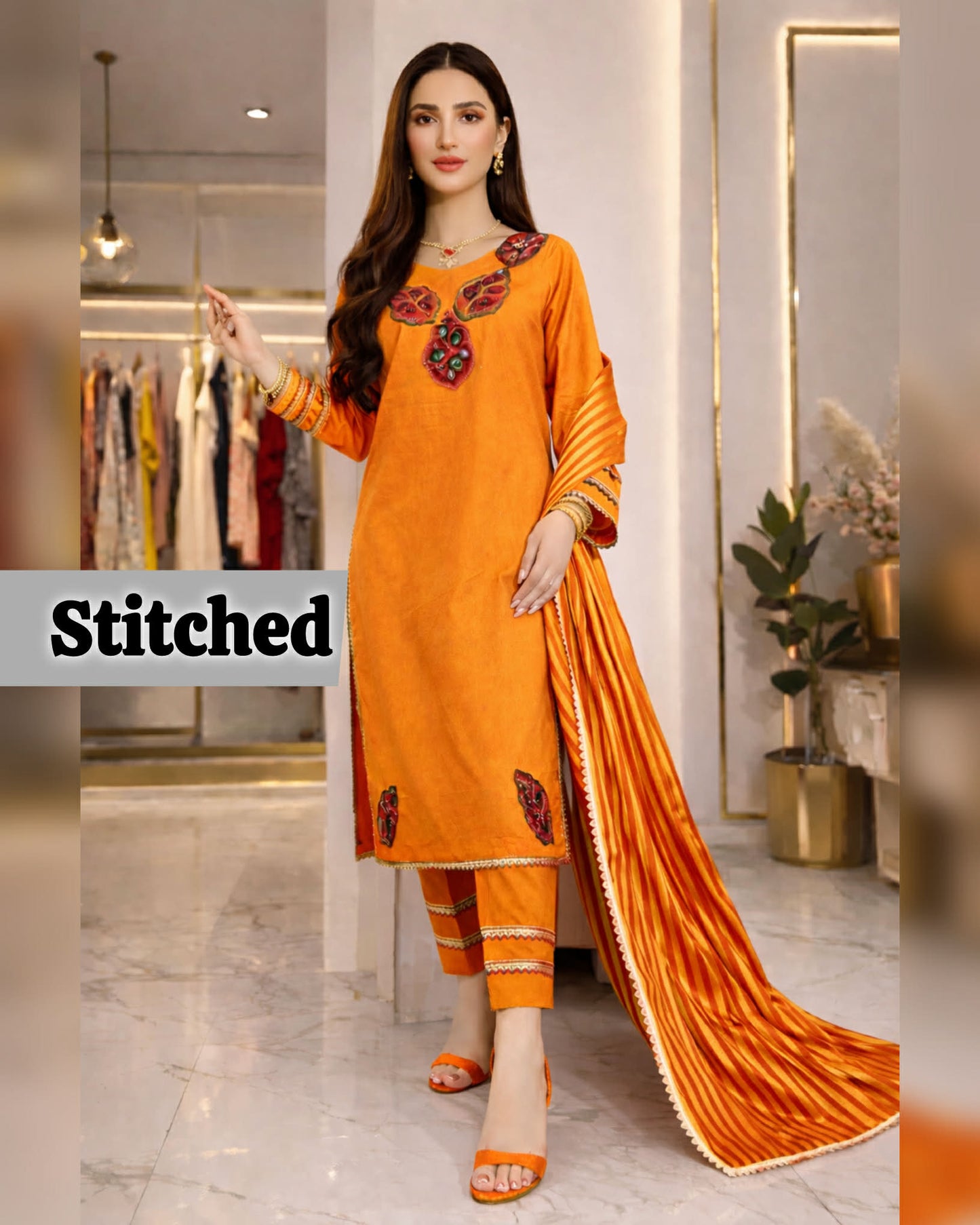 Mustard Rust Stitched Lawn 3pc ready dress