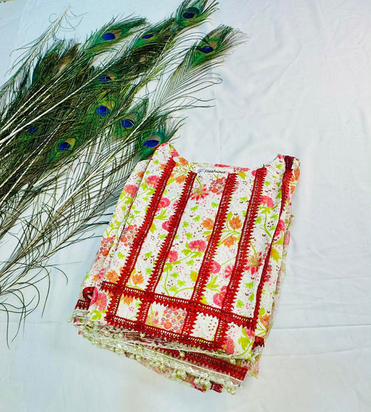 WHITE MAROON STITCHED LAWN 3PCS