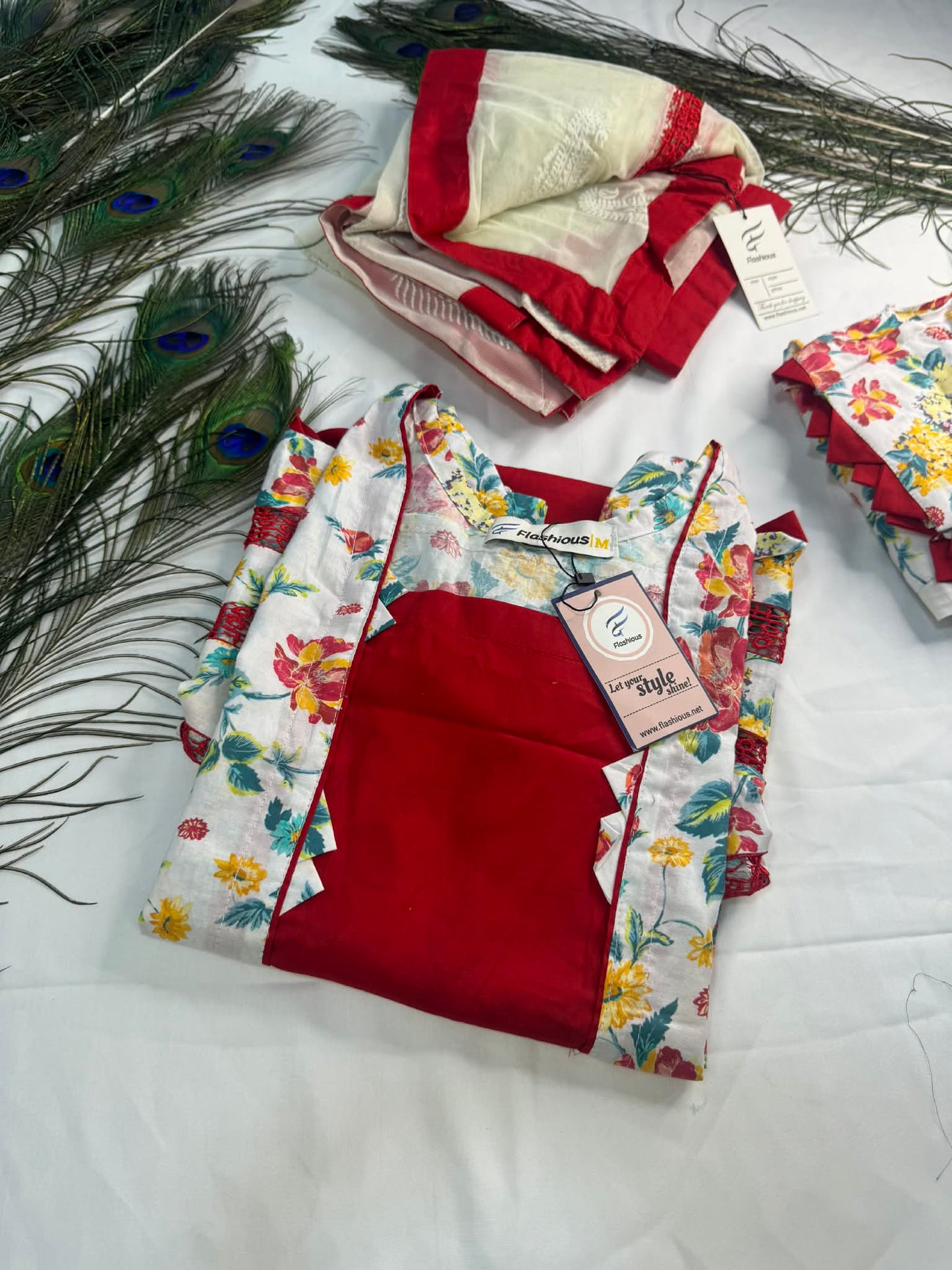 RED WHITE STITCHED LAWN 3PCS