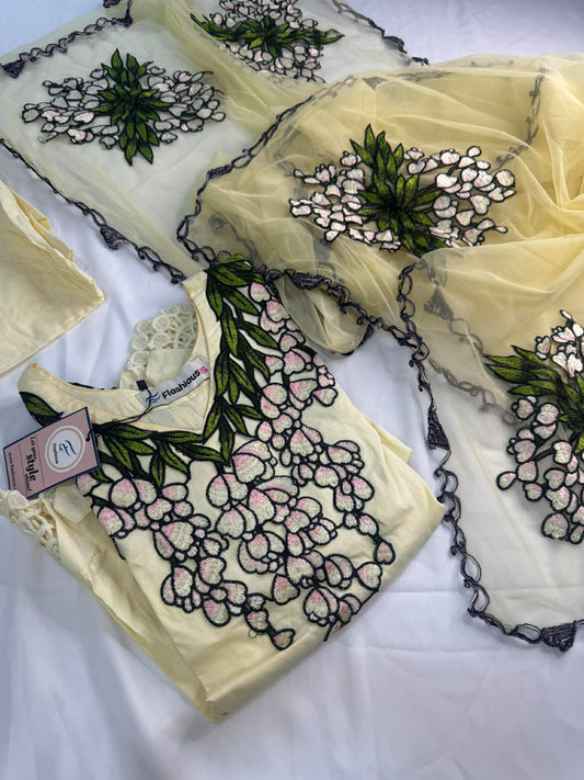 CREAM AISH STITCHED LAWN 3PCS