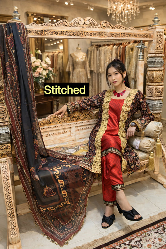 BROWN CHARMOUSE SILK STITCHED 3PCS DRESS