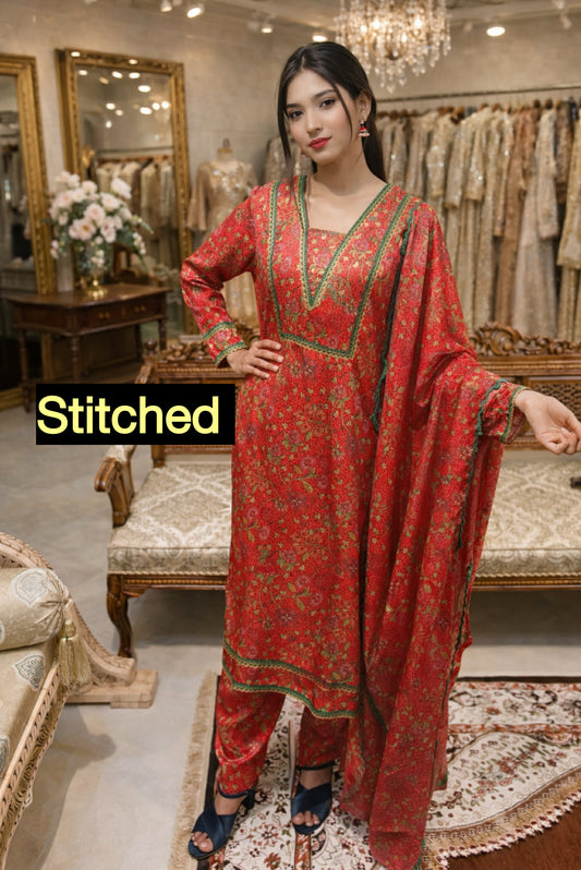 RED CHARMOUSE SILK STITCHED 3PCS DRESS
