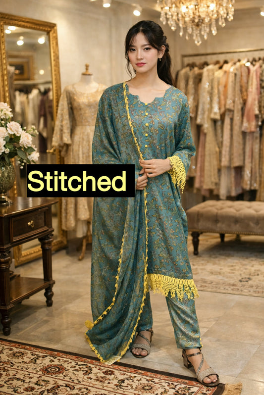 GREY CHARMOUSE SILK STITCHED 3PCS DRESS