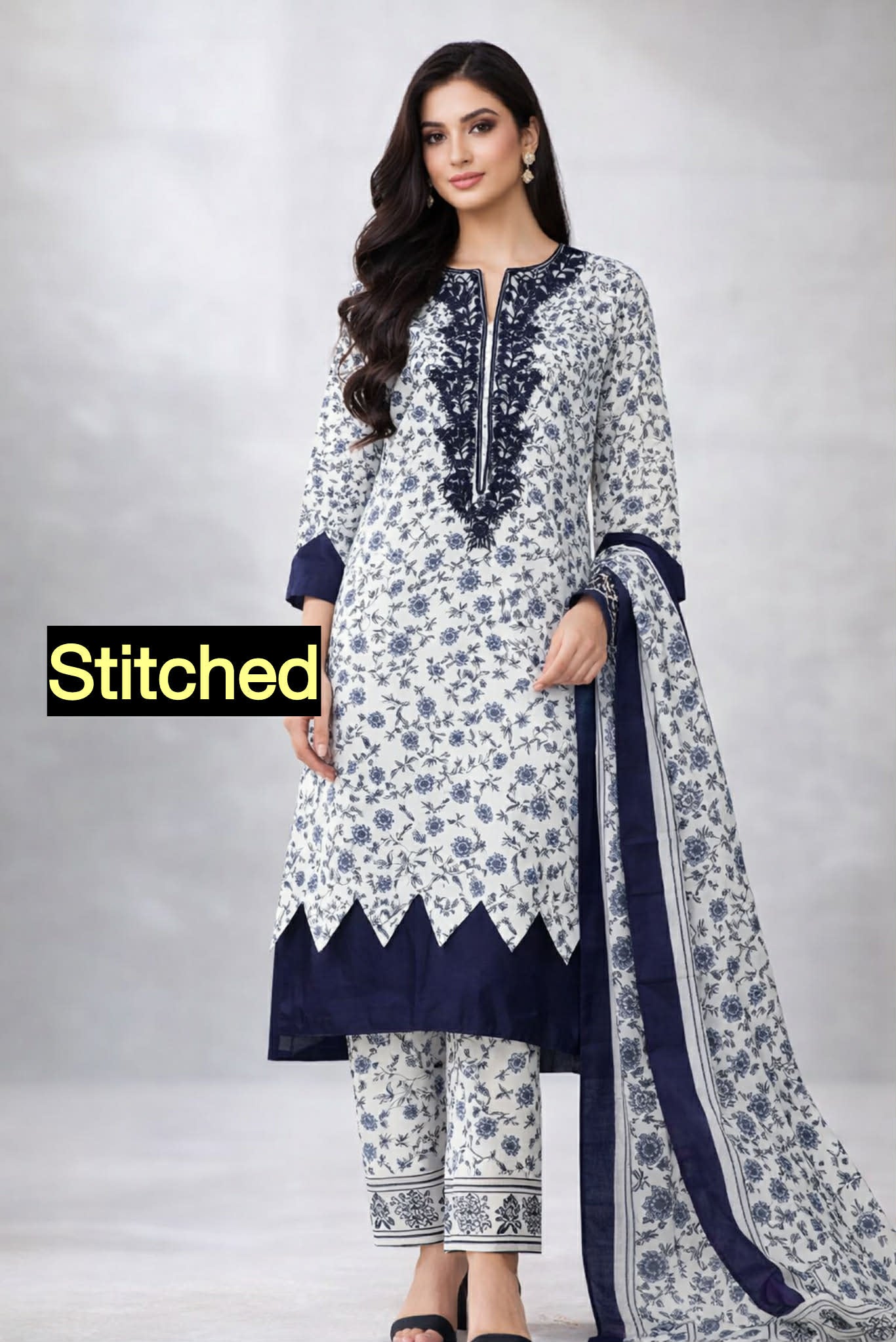 BLUE CHARMOUSE SILK STITCHED 3PCS DRESS