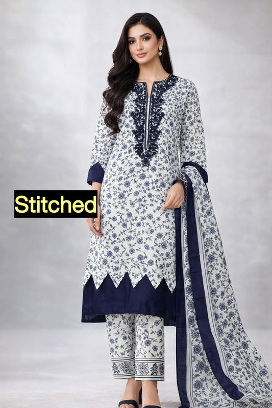 BLUE CHARMOUSE SILK STITCHED 3PCS DRESS