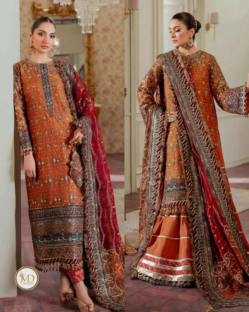 Baroque Chantelle RUST Embroidered Zari Net Suits