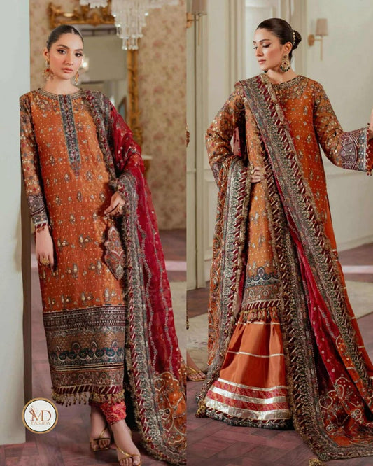 Baroque Chantelle RUST Embroidered Zari Net Suits