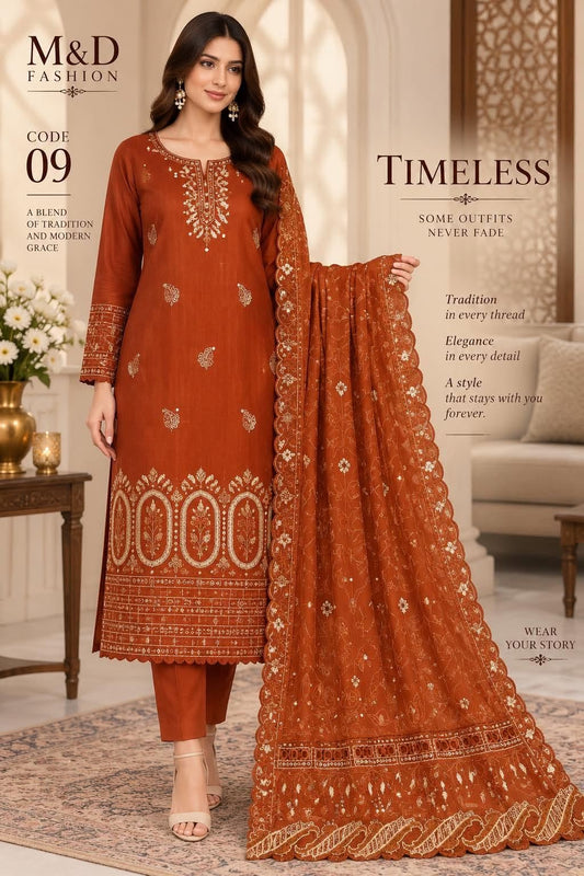 MAHIRA 09 BURNT ORANGE LAWN COTTON DRESS WITH CHIFFON DUPPATA