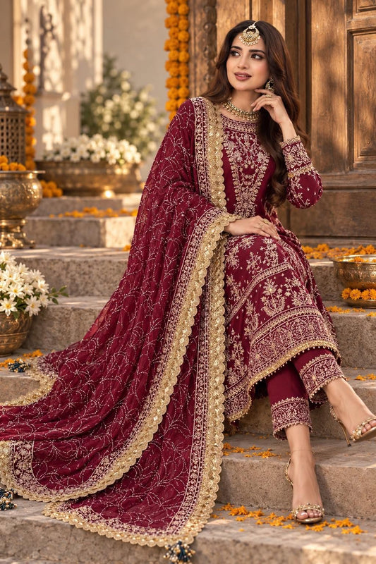 SABOOR MAROON CHIFFON LUXURIOUS FORMAL WEAR