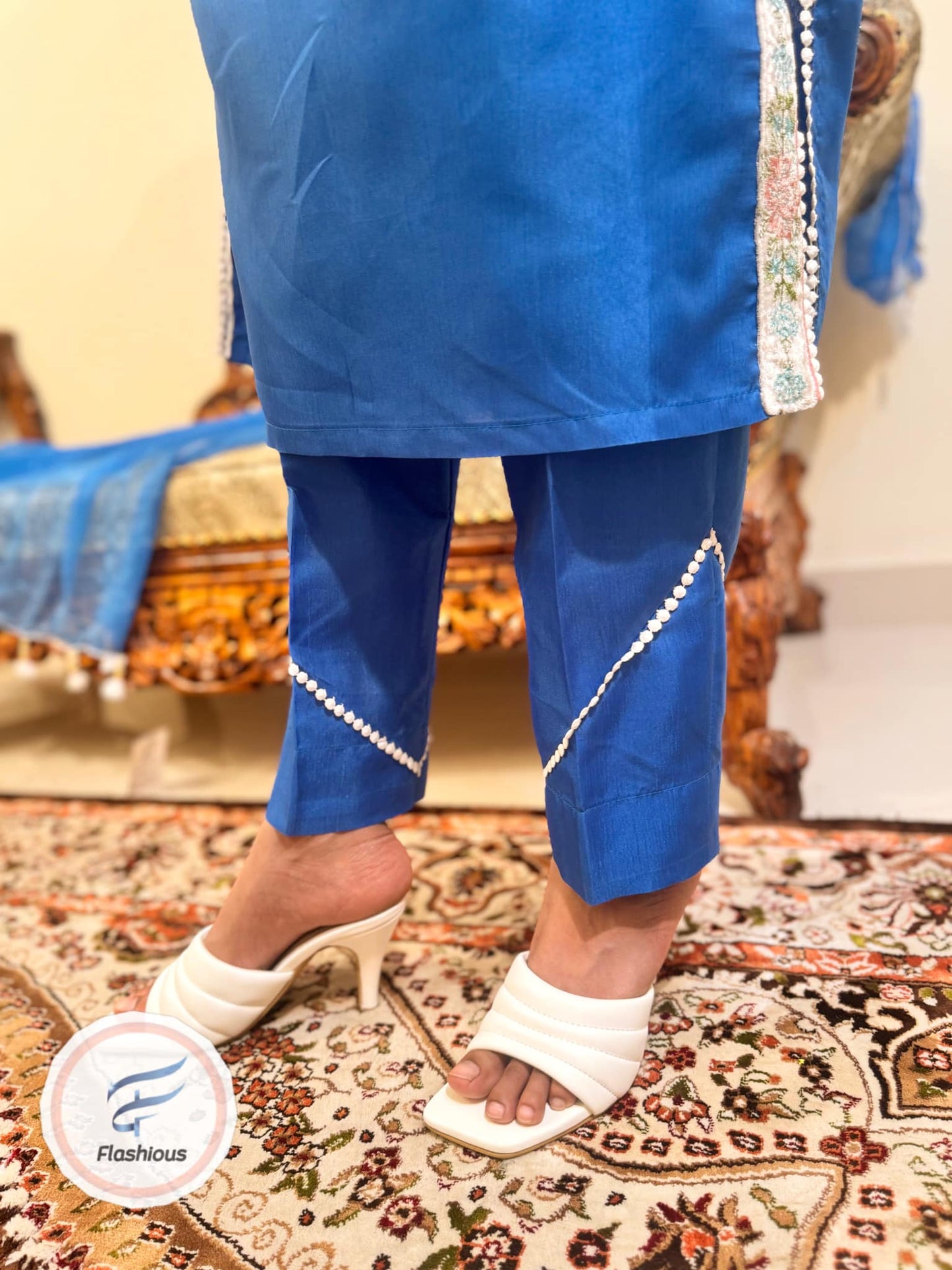 Flashious Stitched Raw-Silk SapphireBlue Dress