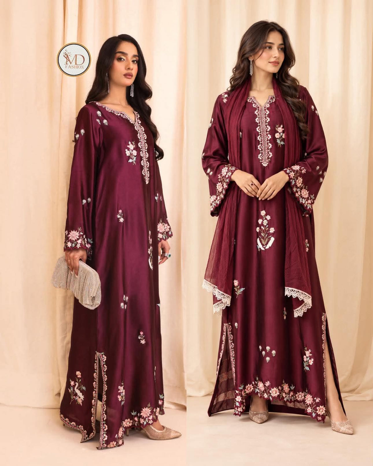 Fatima Silk Kaftan Maroon Resham work