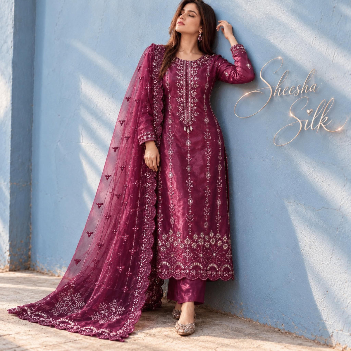 SLEEK Deep Plum Sheesha Silk Chikankari Cutwork Dress