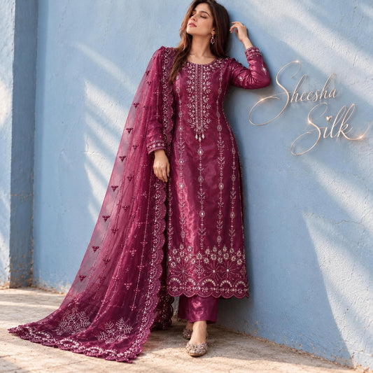 SLEEK Deep Plum Sheesha Silk Chikankari Cutwork Dress