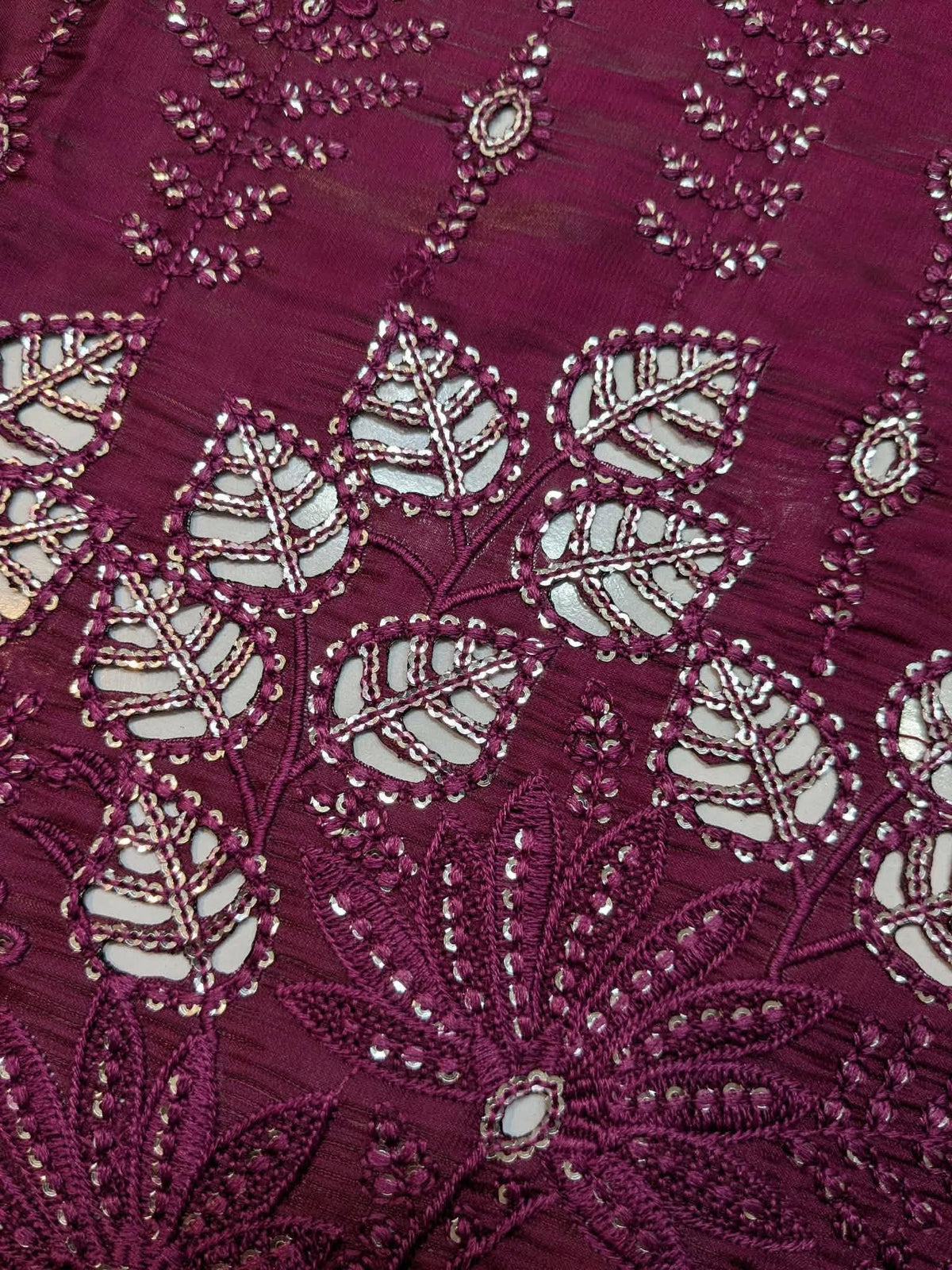 SLEEK Deep Plum Sheesha Silk Chikankari Cutwork Dress