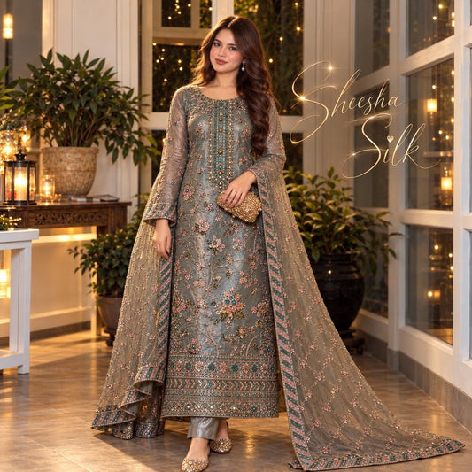 SLEEK Smokey Blue Sheesha Silk Hand Embellished Dress