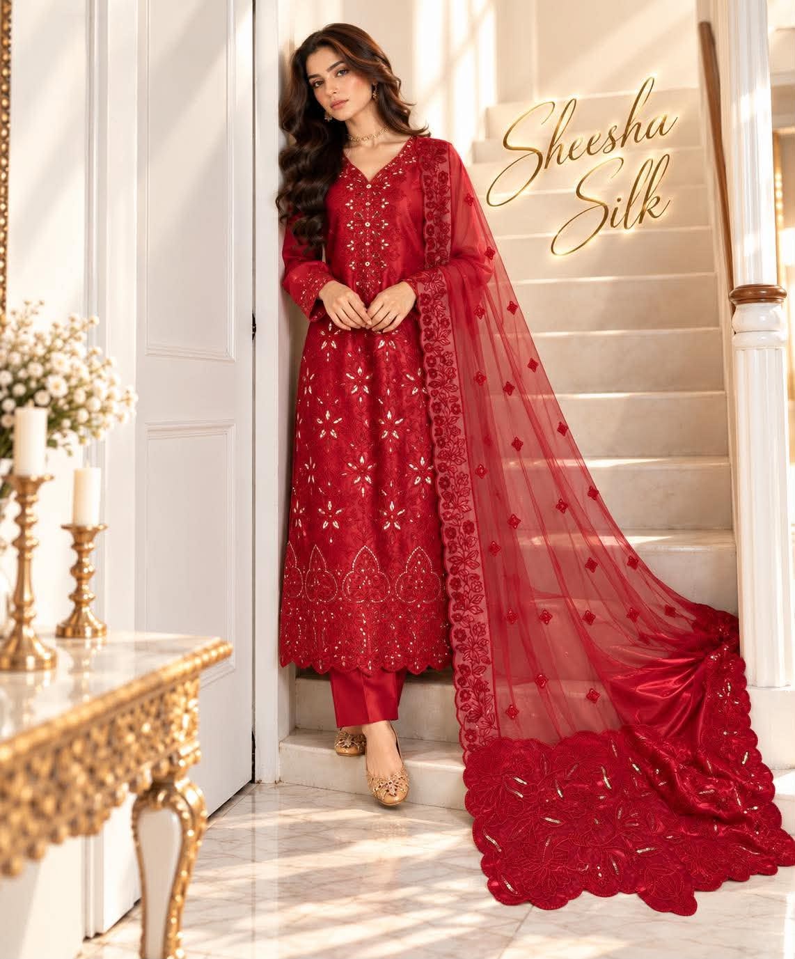 SLEEK Ruby Red Sheesha Silk Chikankari Cutwork Dress