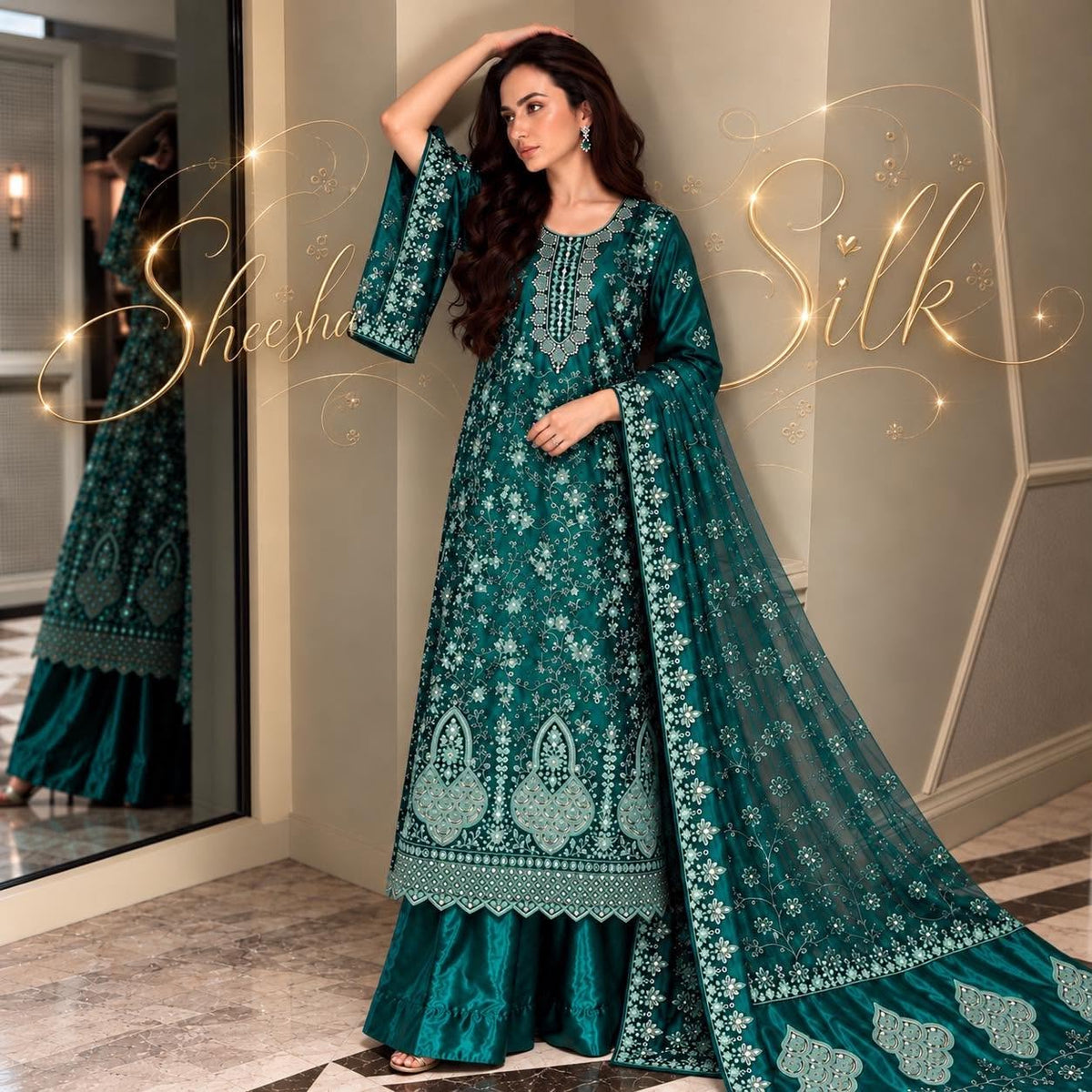 SLEEK Emerald Green Sheesha Silk Chikankari Cutwork Dress