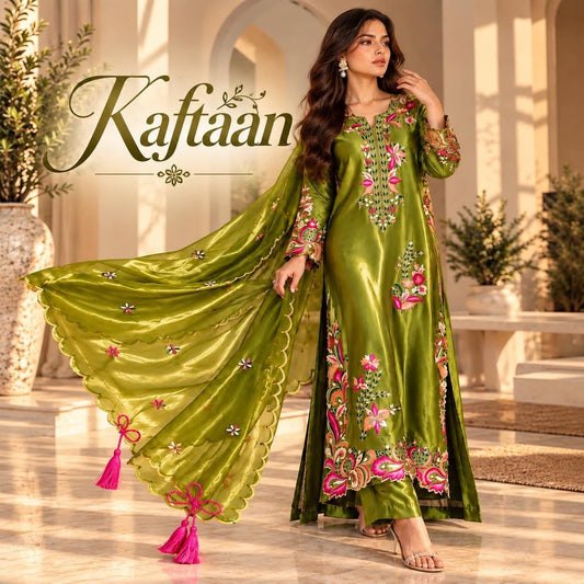 Chartreuse Olive silk Kaftaan Unstich