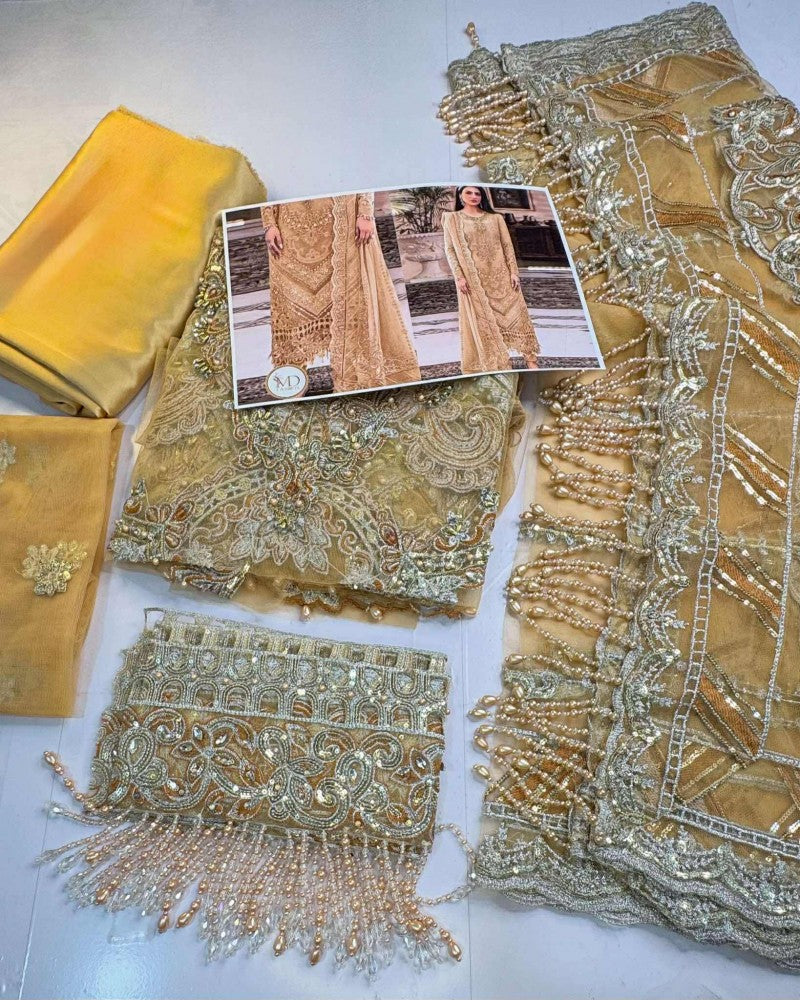 Maria B Premium Quality Golden Tassels Net Dress