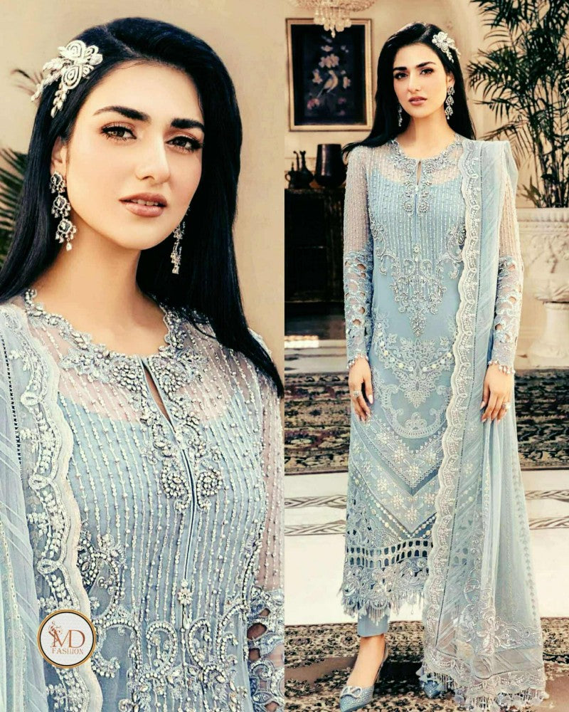 Maria B Premium Quality Ice Blue Tassels Net Dress