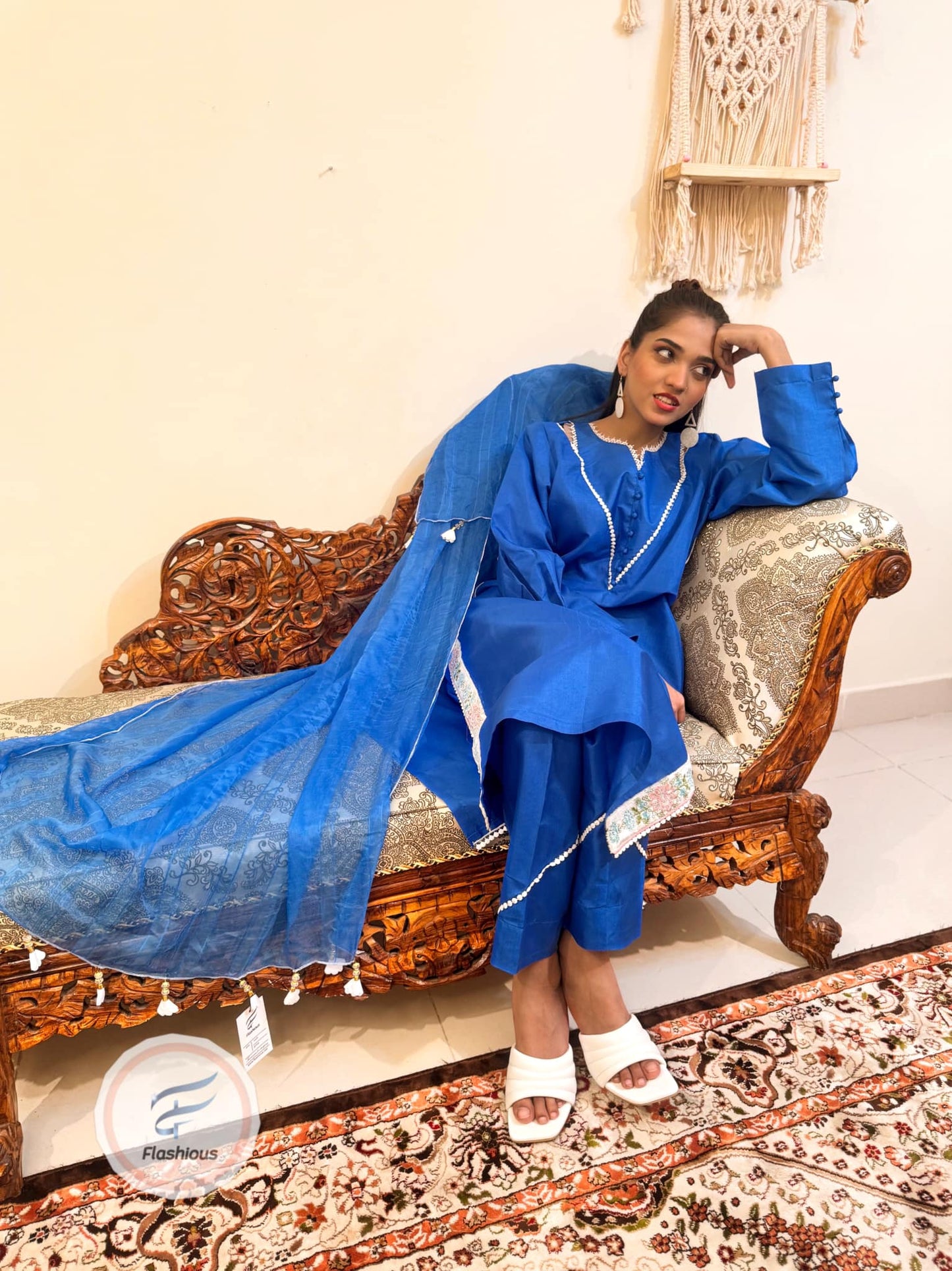 Flashious Stitched Raw-Silk SapphireBlue Dress