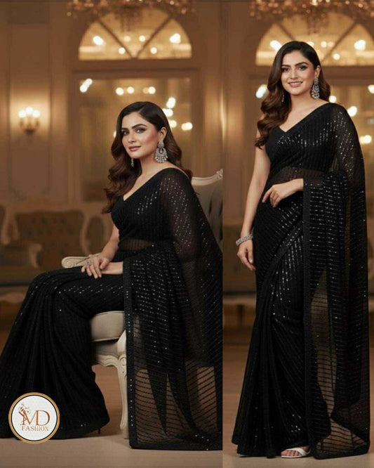 Designer Chiffon Full Black Saree