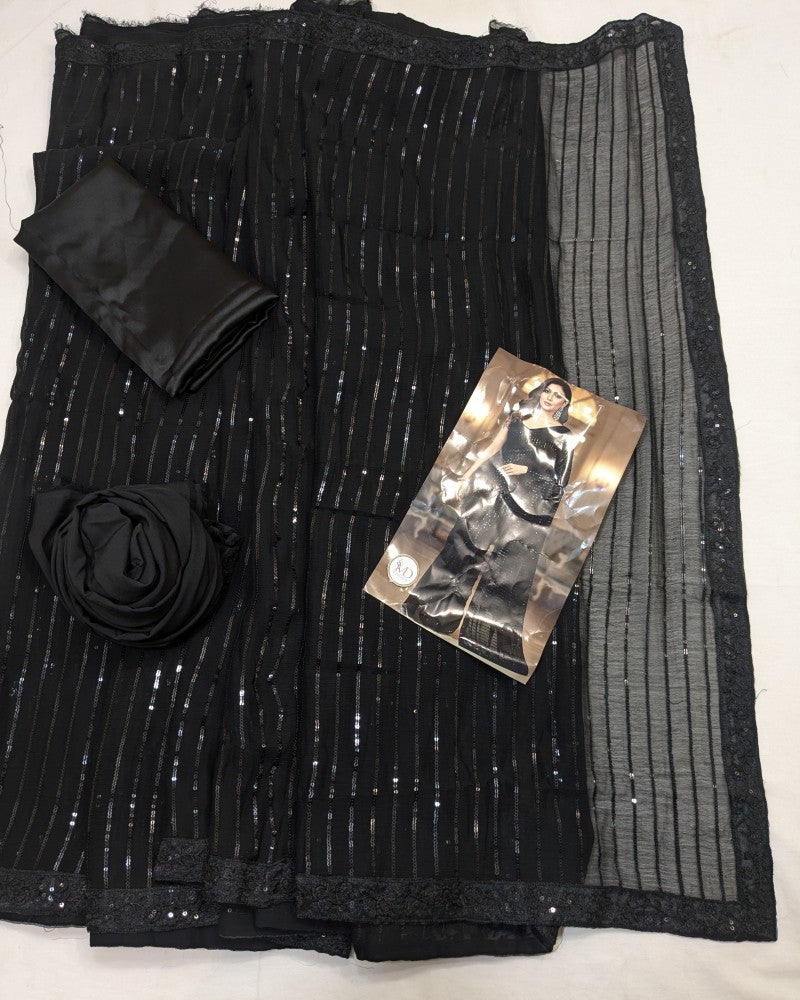 Designer Chiffon Full Black Saree