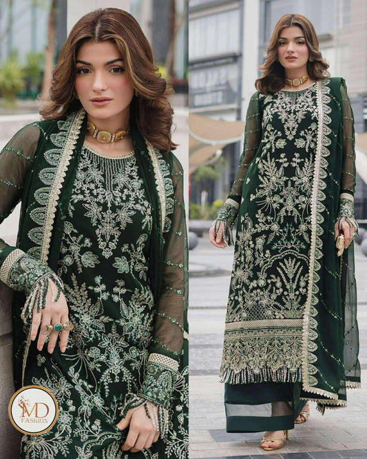 Gulal Dark Green Chiffon Embroidered Dress
