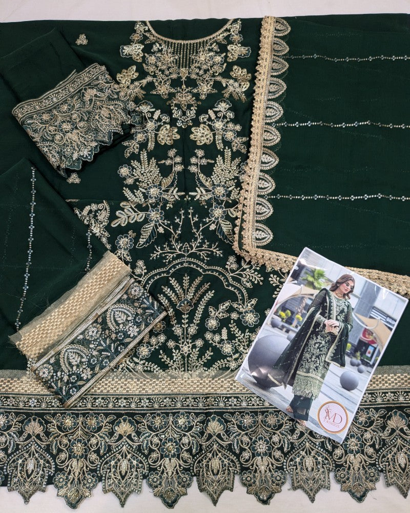 Gulal Dark Green Chiffon Embroidered Dress