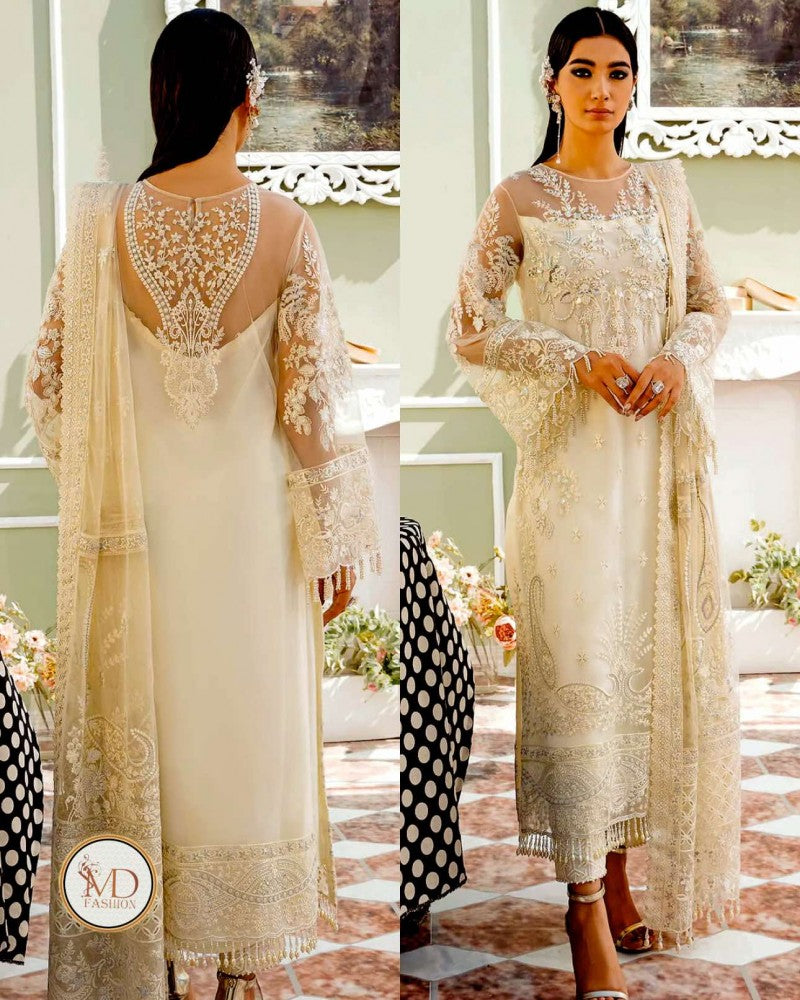 Maria B Cream White Chiffon Embroidered Suit