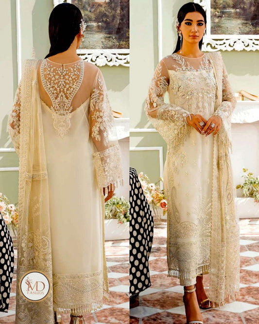 Maria B Cream White Chiffon Embroidered Suit