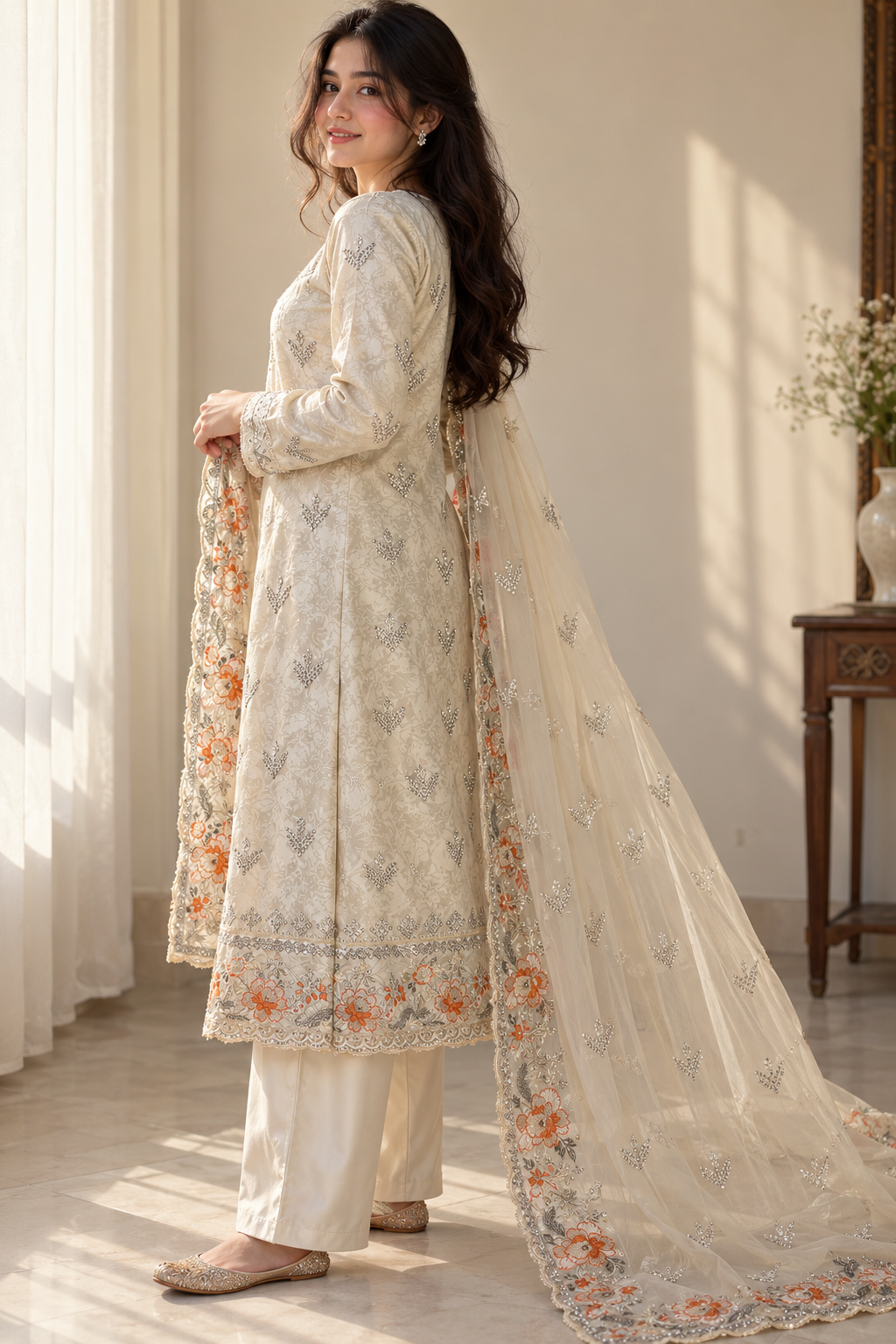 ZARQÉ Ivory Damask Silk Suit with Pure Chiffon Dupatta