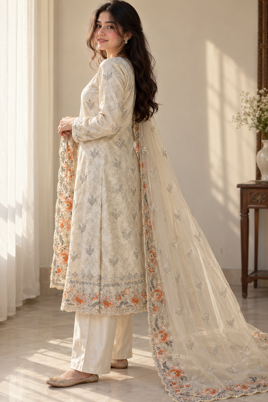 ZARQÉ Ivory Damask Silk Suit with Pure Chiffon Dupatta