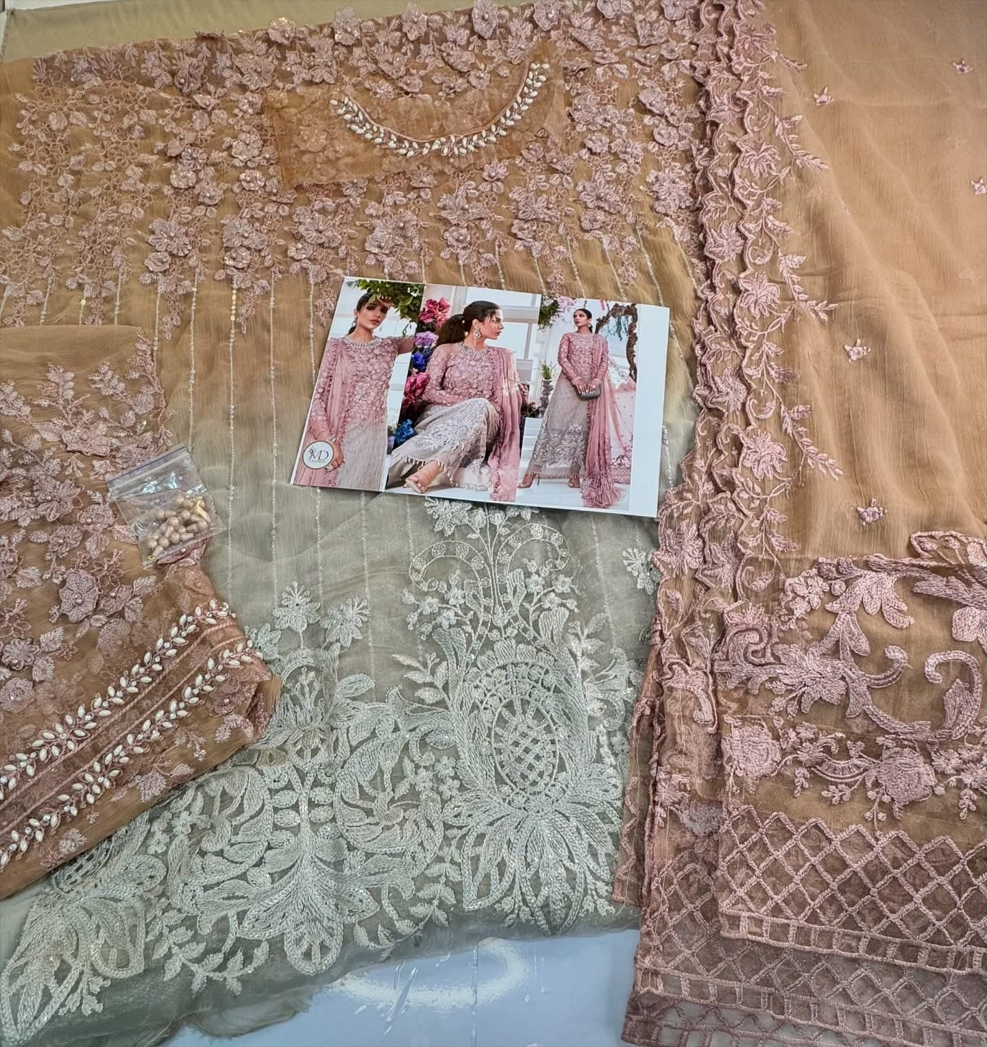 MARIA B TIE AND DYE AISH PINK COFFEE CHIFFON 3PCS