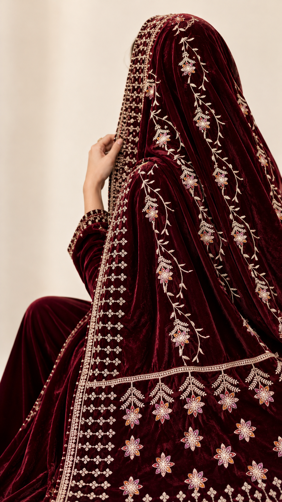 ZARQÉ Shajar Maroon Velvet Suit with Makhmal Shawl Embroidered