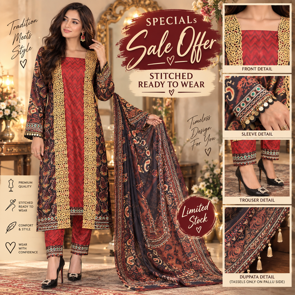 RED CHARMOUSE SILK STITCHED 3PCS DRESS