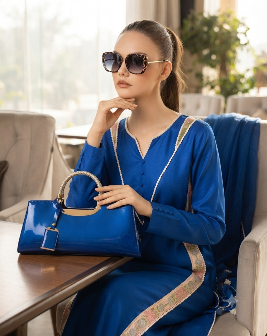 Complete Blue Look – Ready to Wear Dress with Matching Glossy Handbag