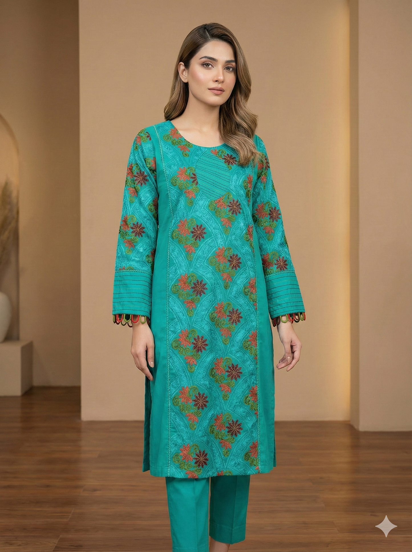 Alkaram STICHED Winter Wear – Teal Embroidered Shirt