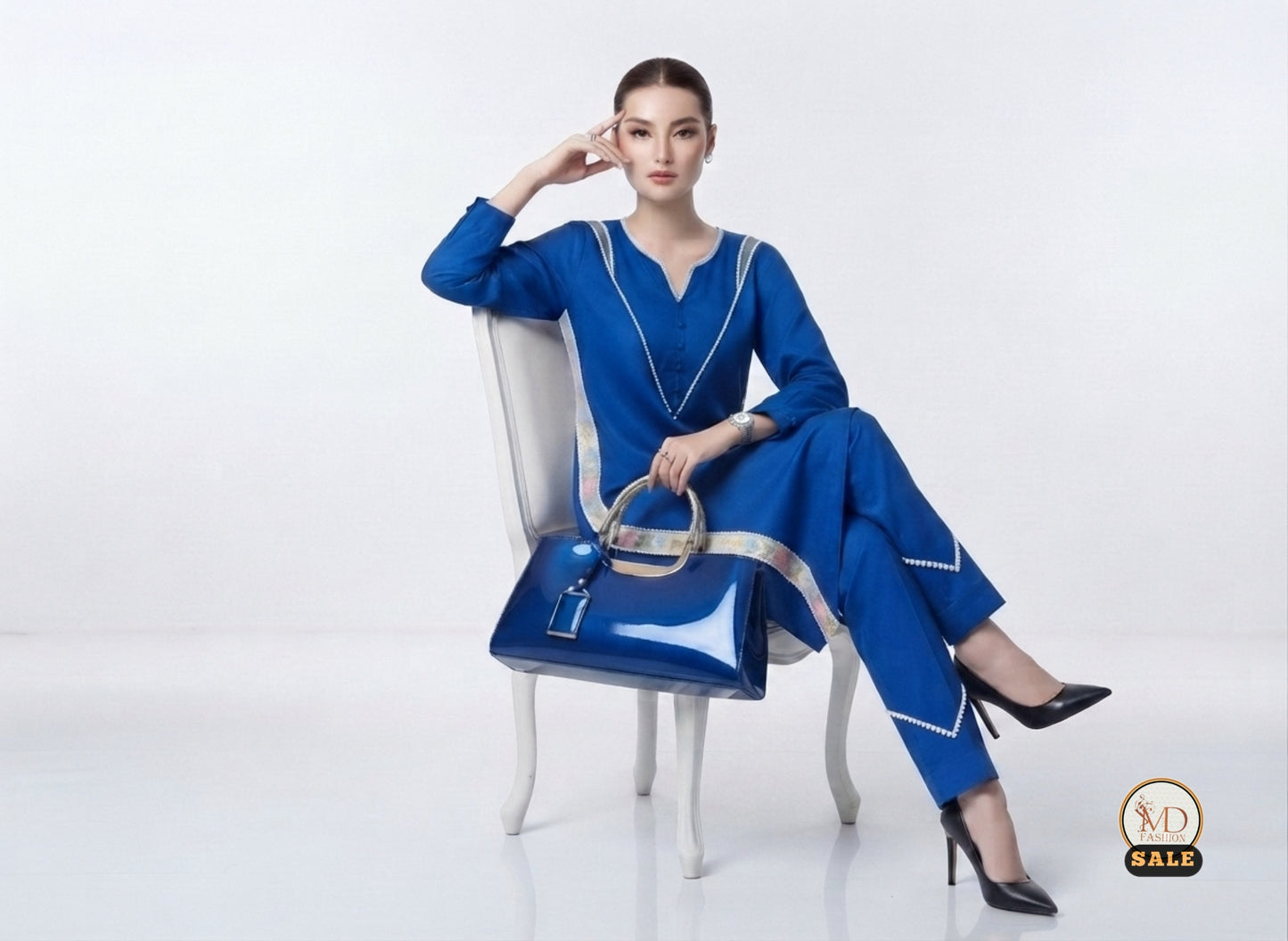 Complete Blue Look – Ready to Wear Dress with Matching Glossy Handbag