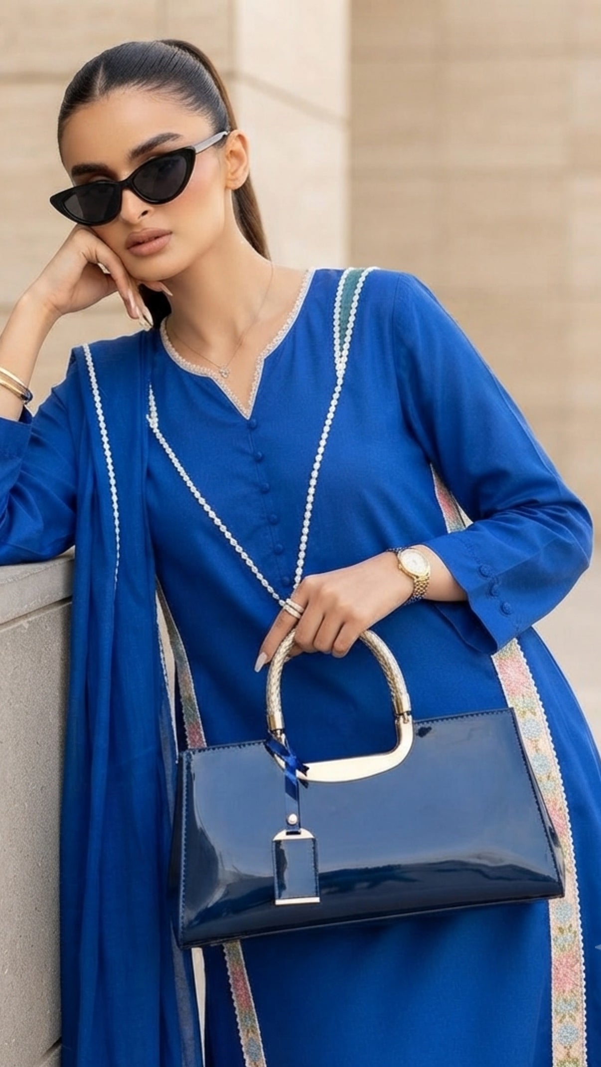 Complete Blue Look – Ready to Wear Dress with Matching Glossy Handbag