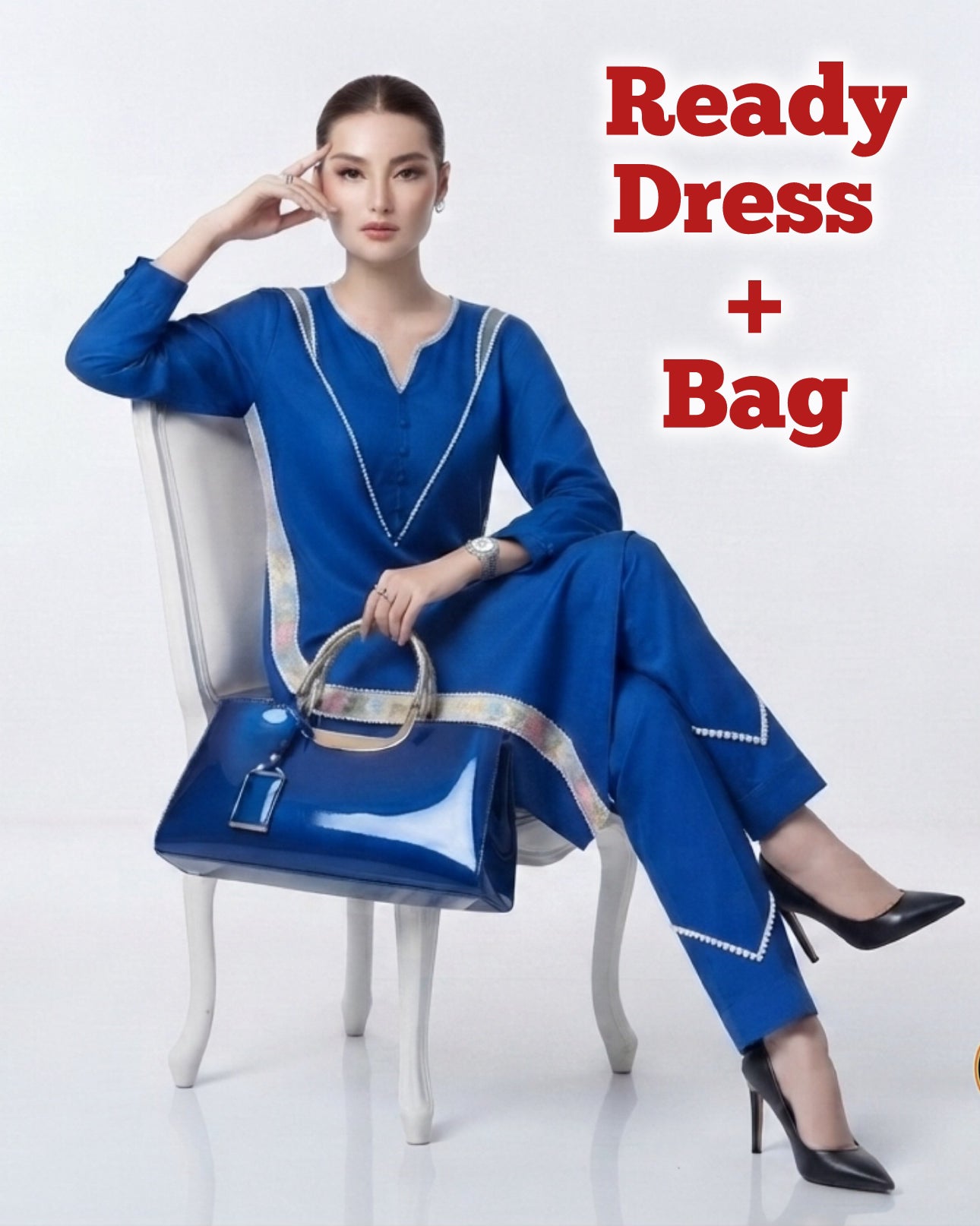 Complete Blue Look – Ready to Wear Dress with Matching Glossy Handbag