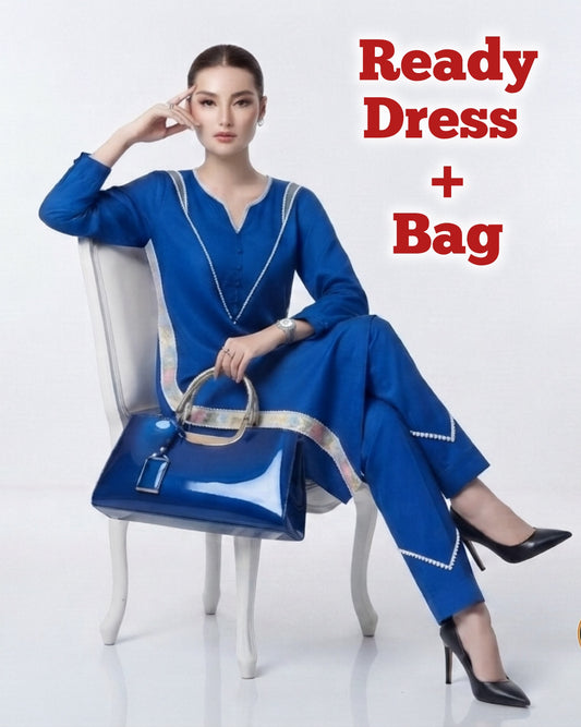 Complete Blue Look – Ready to Wear Dress with Matching Glossy Handbag
