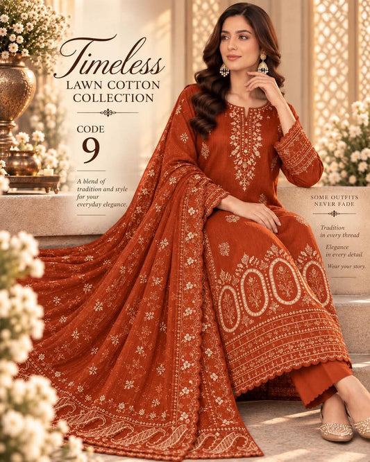 MAHIRA 09 BURNT ORANGE LAWN COTTON DRESS WITH CHIFFON DUPPATA