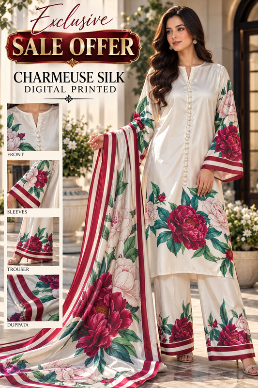 LULUSAR WHITE INSPIRED CHARMEUSE SILK DIGITAL PRINT 3PCS