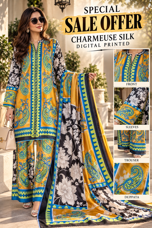 IRA INSPIRED YELLOW CHARMEUSE SILK DIGITAL PRINT 3PCS
