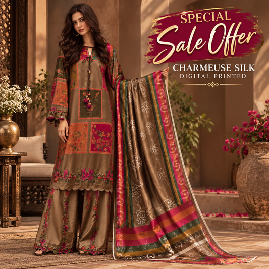 ETHNIC INSPIRED CHARMEUSE SILK DIGITAL PRINT 3PCS