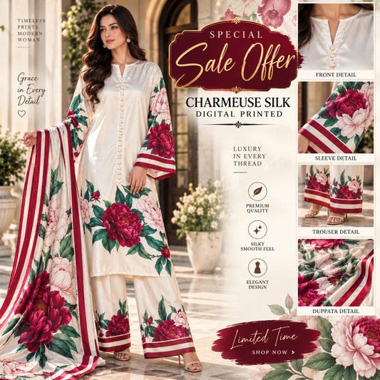 LULUSAR WHITE INSPIRED CHARMEUSE SILK DIGITAL PRINT 3PCS