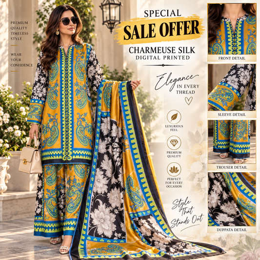 IRA INSPIRED YELLOW CHARMEUSE SILK DIGITAL PRINT 3PCS
