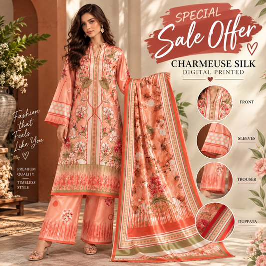 ETHNIC INSPIRED PEACH CHARMEUSE SILK DIGITAL PRINT 3PCS