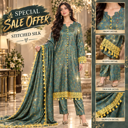GREY CHARMOUSE SILK STITCHED 3PCS DRESS